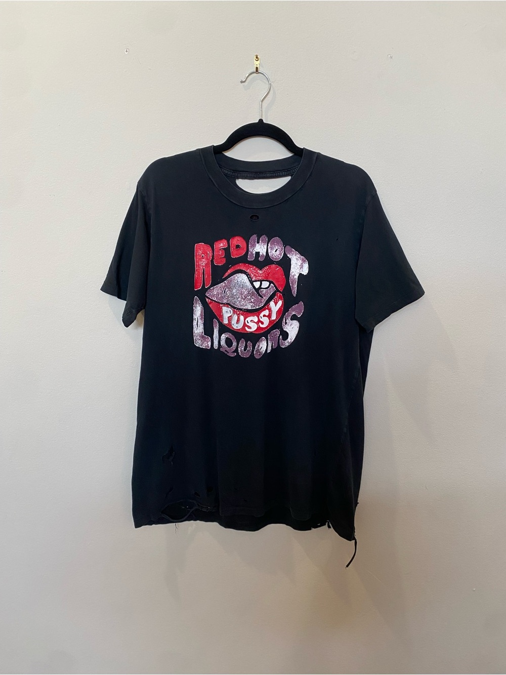 Local Boogeyman “Red Hot P**sy Liquors” Black Distressed Graphic Tee